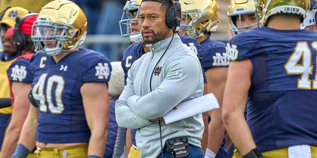 Notre Dame Fighting Irish defensive coordinator Marcus Freeman looks on during a game between the Notre Dame Fighting Irish and the Georgia Tech Yellow Jackets on Nov. 20, 2021 at Notre Dame Stadium, in South Bend, Indiana.