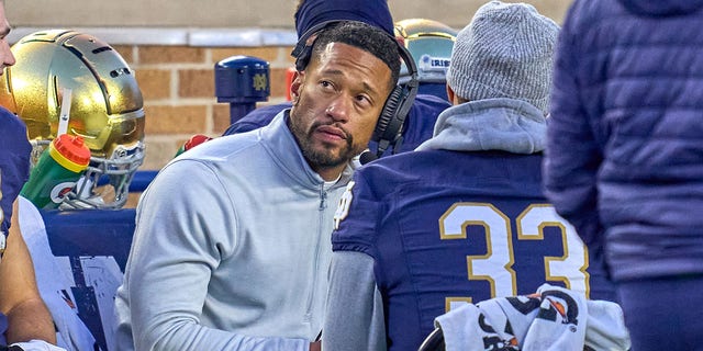 Notre Dame Fighting Irish defensive line coach Marcus Freeman looks on during a game between the Notre Dame Fighting Irish and the Georgia Tech Yellow Jackets on Nov. 20, 2021 at Notre Dame Stadium, in South Bend, Indiana.