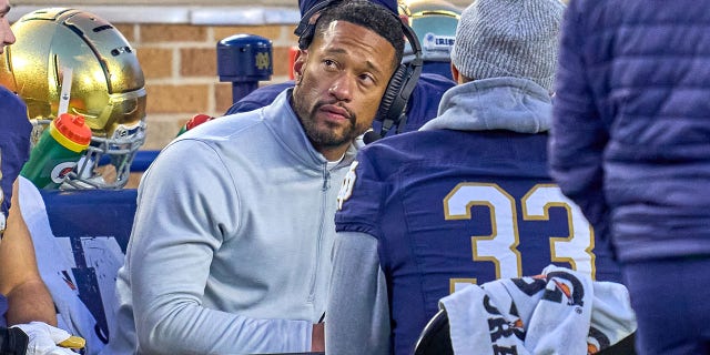 Notre Dame Fighting Irish defensive line coach Marcus Freeman looks on during a game between the Notre Dame Fighting Irish and the Georgia Tech Yellow Jackets on Nov. 20, 2021 at Notre Dame Stadium, in South Bend, Indiana.