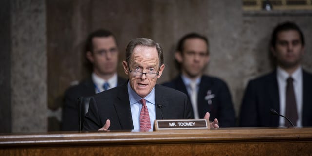Sen. Pat Toomey, a Republican from Pennsylvania and ranking member of the Senate Banking, Housing, and Urban Affairs Committee, speaks during a hearing in Washington, D.C., on Tuesday, Nov. 30, 2021.