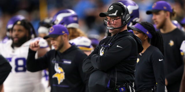 Minnesota Vikings coach Mike Zimmer follows the play against the Lions in Detroit, Michigan, on Dec. 5, 2021.