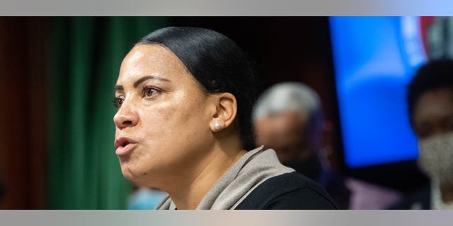 Suffolk County Attorney Rachael Rollins, who has just been confirmed by the Senate as U.S. Attorney for Massachusetts, speaks at Los Angeles County Attorney George Gascón's press conference on system reforms Criminal Justice Committee on Wednesday, December 8, 2021.