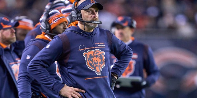 Bears coach Matt Nagy looks on during the Minnesota Vikings game on Dec. 20, 2021, at Soldier Field in Chicago.