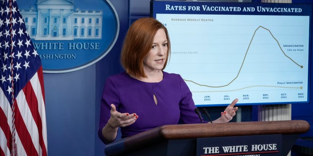 WASHINGTON, DC - DECEMBER 21: White House Press Secretary Jen Psaki speaks during the daily press briefing at the White House December 21, 2021 in Washington, DC. As the omicron variant fuels a new wave of COVID-19 infections, President Biden is announcing plans that will expand testing sites across the country, distribute millions of free at-home tests and boost federal resources to hospitals in need. (Photo by Drew Angerer/Getty Images)