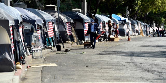 Homeless U.S. veteran tents at the VA West Los Angeles Healthcare Campus Japanese Garden.