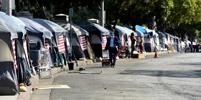 Homeless U.S. veteran tents at the VA West Los Angeles Healthcare Campus Japanese Garden.