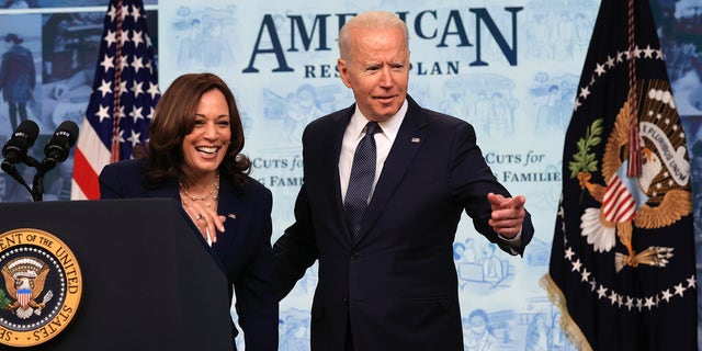In front of an audience of nine families benefiting from the new child tax credit, U.S. President Joe Biden and Vice President Kamala Harris are on the day that tens of millions of parents receive their first monthly payments in the South Court Auditorium of Eisenhower Executive. Remarks to the Office Building in Washington, DC, July 15, 2021. 