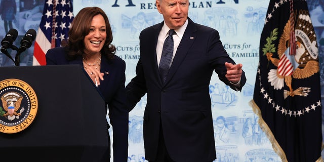 President Joe Biden and Vice President Kamala Harris deliver remarks on the child tax credit at the Eisenhower Executive Office Building on July 15, 2021, in Washington.