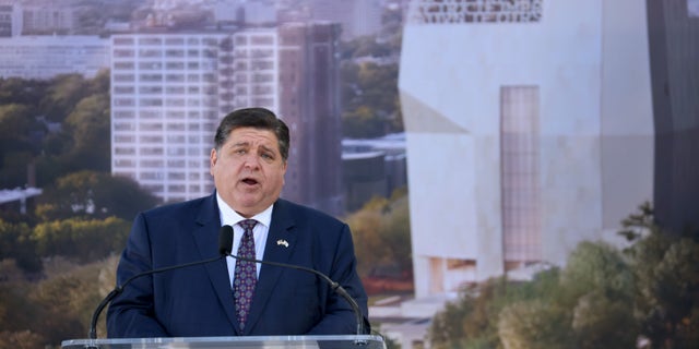 Illinois Gov. J.B. Pritzker speaks during a ceremonial groundbreaking at the Obama Presidential Center in Jackson Park in Chicago.