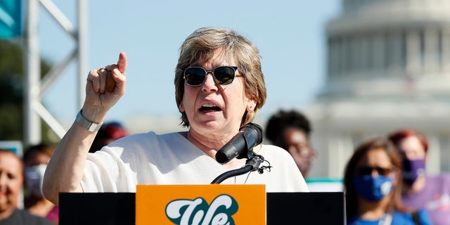 Randi Weingarten, president of the American Federation of Teachers, along with members of Congress, parents and caregiving advocates, hold a press conference supporting Build Back Better investments in home care, child care, paid leave and expanded CTC payments in front of the U.S. Capitol Building on Oct. 21, 2021, in Washington, D.C. 