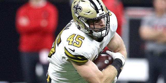 Garrett Griffin of the Saints runs against the Tampa Bay Buccaneers on Oct. 31, 2021, in New Orleans, Louisiana.