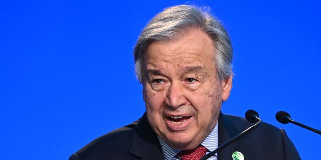 U.N. Secretary-General António Guterres speaks at COP26 on Nov. 11, 2021c, in Glasgow, Scotland. 