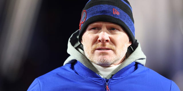 Head coach Sean McDermott of the Buffalo Bills looks on during pregame warm-ups prior to the game against the New England Patriots at Highmark Stadium on December 06, 2021 in Orchard Park, New York. 