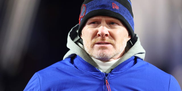 Head coach Sean McDermott of the Buffalo Bills looks on during pregame warm-ups prior to the game against the New England Patriots at Highmark Stadium on December 06, 2021 in Orchard Park, New York. 