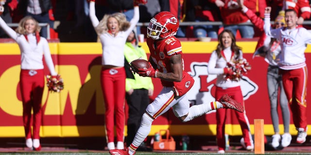 Mike Hughes (21) of the Kansas City Chiefs returns a fumble recovery for a touchdown during the first quarter against the Las Vegas Raiders at Arrowhead Stadium Dec. 12, 2021, in Kansas City, Missouri.