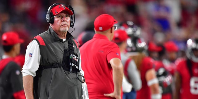 Head Coach Bruce Arians of the Tampa Bay Buccaneers looks on against the Buffalo Bills during the third quarter at Raymond James Stadium on December 12, 2021 in Tampa, Florida.
