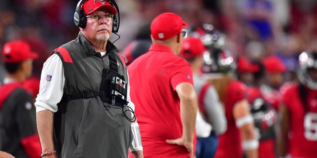 Head coach Bruce Arians of the Tampa Bay Buccaneers looks on against the Buffalo Bills during the third quarter at Raymond James Stadium on Dec. 12, 2021, in Tampa, Florida.