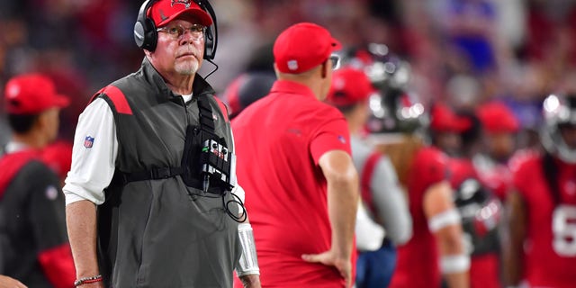 Head Coach Bruce Arians of the Tampa Bay Buccaneers looks on against the Buffalo Bills during the third quarter at Raymond James Stadium on December 12, 2021 in Tampa, Florida.