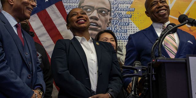 QUEENS, NY - DECEMBER 15: New York City Mayor elect Eric Adams holds a press conference to introduce his choice for the new police commissioner, Keechant Sewell, on December 15, 2021 at an anti-violence community center in the Queensbridge Houses in Queens, New York. Sewell, the first African American woman appointed to the position, grew up in the Queensbridge houses. (Photo by Andrew Lichtenstein/Corbis via Getty Images)