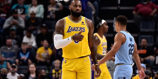 Los Angeles Lakers forward LeBron James #6 reacts during the first half against the Memphis Grizzlies at FedExForum on December 29, 2021 in Memphis, Tennessee.