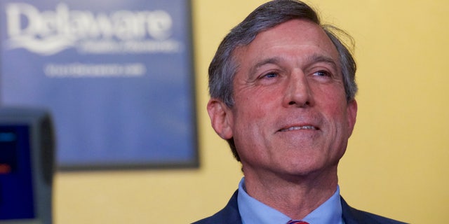DOVER, DE - JUNE 5: Delaware Governor John Carney prepares to address the media before placing the first bet at Dover Downs Casino on June 5, 2018 in Dover, Delaware. Delaware is the first state to launch legal sports betting since the Supreme Court decision. (Photo by Mark Makela/Getty Images)