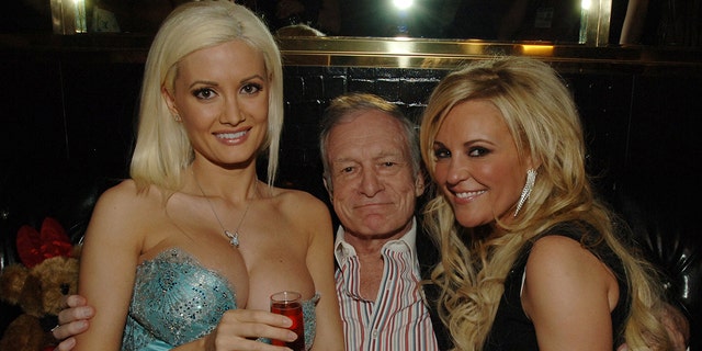 From left: Holly Madison, Hugh Hefner and Bridget Marquardt during the Playboy publisher's 81st birthday part in Las Vegas.