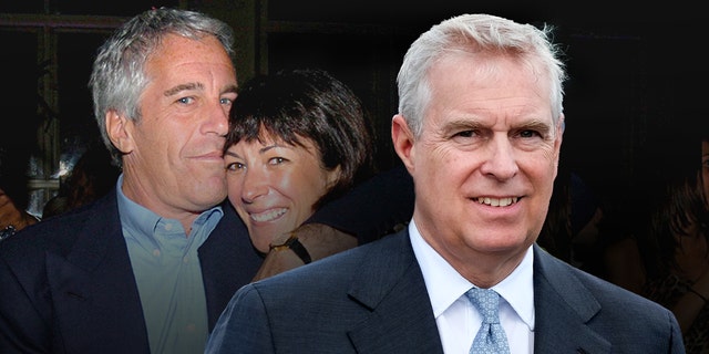 Composite photo: Prince Andrew, Duke of York visits the Showground on the final day of the 161st Great Yorkshire Show on July 11, 2019 in Harrogate, England. In the background is Ghislaine Maxwell and Jeffrey Epstein in a photo from a court exhibit. (Photo by Ian Forsyth/Getty Images)