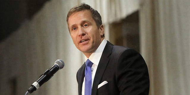 Former Gov. Eric Greitens delivers the keynote address at the St. Louis Area Police Chiefs Association 27th Annual Police Officer Memorial Prayer Breakfast on April 25, 2018, at the St. Charles Convention Center.