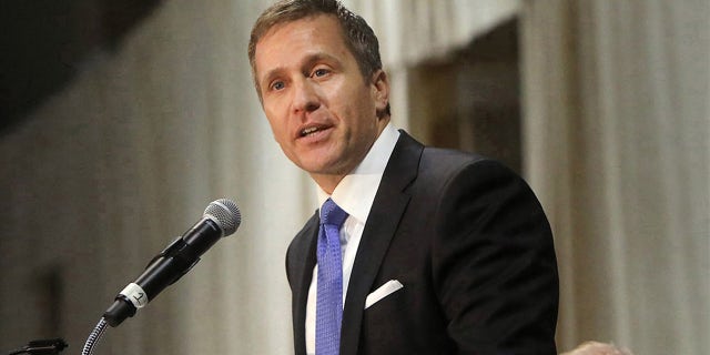 Former Gov. Eric Greitens delivers the keynote address at the St. Louis Area Police Chiefs Association 27th Annual Police Officer Memorial Prayer Breakfast on April 25, 2018.