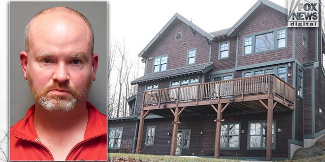 Inset: John Griffin's 2020 mugshot from a Vermont DUI case. Background: Griffin's $2 million ski lodge in Ludlow, Vermont.