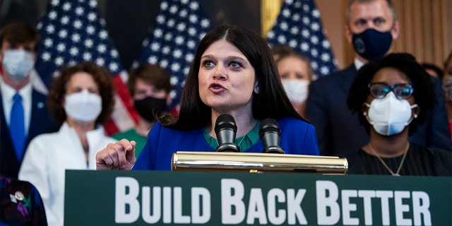 Rep. Haley Stevens, D-Mich., conducts a rally to promote climate benefits in the Build Back Better Act in the U.S. Capitol on Tuesday, Sept. 28, 2021.
