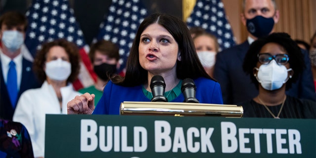 Rep. Haley Stevens, D-Mich., conducts a rally to promote climate benefits in the Build Back Better Act in the U.S. Capitol on Tuesday, Sept. 28, 2021.