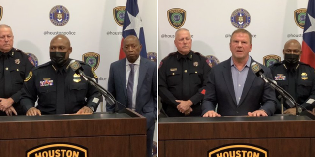 Houston Police Department announcing reward for information leading to arrest of suspect. 