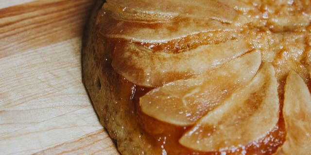 Bake the pear upside-down cake for about 30-40 minutes, or until a toothpick inserted in the center comes out clean.