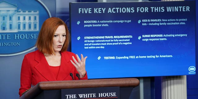 White House press secretary Jen Psaki speaks about the Biden administration's plan to fight COVID-19 this winter during a press briefing at the White House in Washington, 我们。, 十二月 2, 2021. REUTERS/Kevin Lamarque