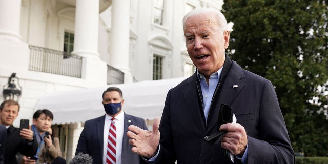 President Joe Biden speaks to reporters as he departs for tornado-ravaged Kentucky from the White House on Dec. 15, 2021.