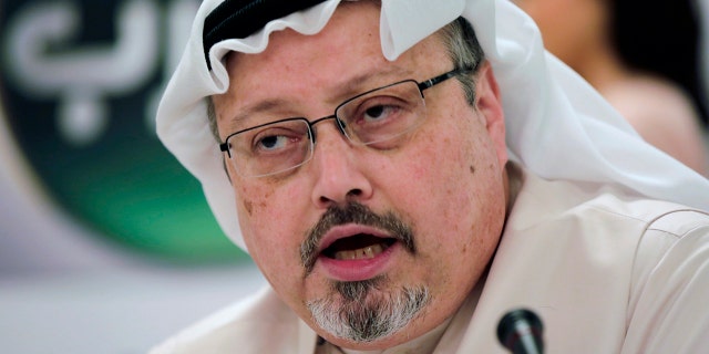Saudi journalist Jamal Khashoggi speaks during a press conference in Manama, Bahrain on Dec. 15, 2014. A suspect in the 2018 killing of Saudi journalist Jamal Khashoggi was arrested Tuesday, Dec. 7, 2021 in France, according to a French judicial official.