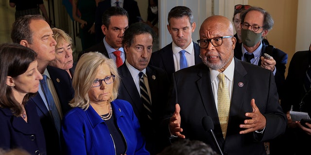 Chairman Rep.  Bennie Thompson, D-Miss., And Rep.  Liz Cheney, R-Wyo., Along with other committee members, speaks to the media after a hearing by the House Select Committee investigating the Jan. 6 attack on the U.S. Capitol.