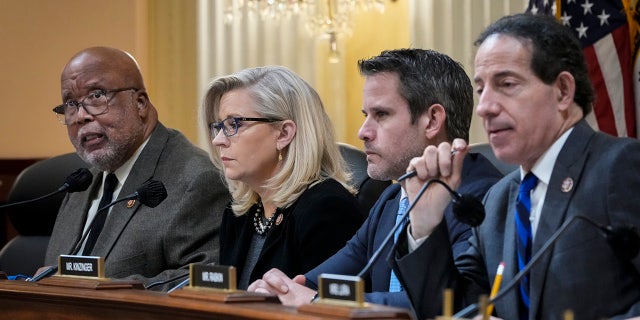 (L-R) Rep. Bennie Thompson (D-MS), chair of the select committee investigating the January 6 attack on the Capitol, speaks as Rep. Liz Cheney (R-WY), vice-chair of the select committee investigating the January 6 attack on the Capitol,  Rep. Adam Kinzinger (R-IL)  and Rep. Jamie Raskin (D-MD) listen during a committee meeting on Capitol Hill.