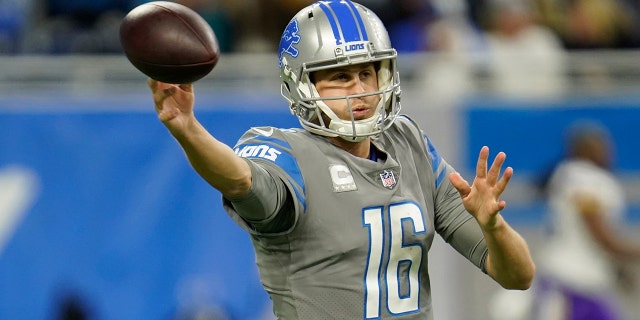 Lions quarterback Jared Goff throws against the Minnesota Vikings, Dec. 5, 2021, in Detroit.