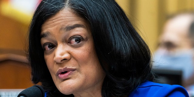 UNITED STATES - NOVEMBER 17: Rep. Pramila Jayapal, D-Wash., speaks during a House Judiciary Committee markup of the Ending Forced Arbitration of Sexual Assault and Sexual Harassment Act of 2021 and other legislation in Rayburn Building on Tuesday, November 17, 2021. (Photo By Tom Williams/CQ-Roll Call, Inc via Getty Images)