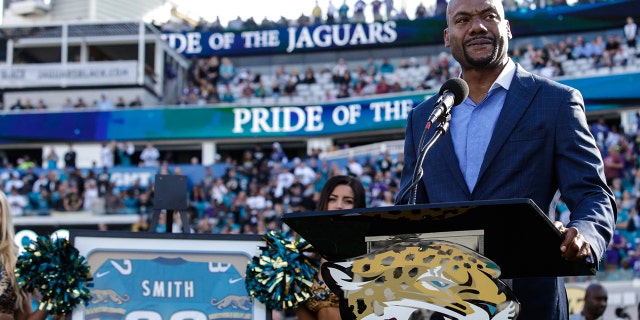 Former Jacksonville Jaguars wide receiver Jimmy Smith is inducted into the Pride of the Jaguars during halftime of the NFL game between the Minnesota Vikings and the Jacksonville Jaguars on December 11, 2016, at EverBank Field in Jacksonville, Fla.