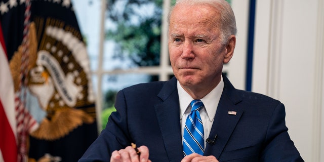 President Biden and the White House COVID-19 Response Team participate in a virtual call with the National Governors Association from the South Court Auditorium of the Eisenhower Executive Office Building of the White House Complex on Monday, Dec. 27, 2021 in Washington.