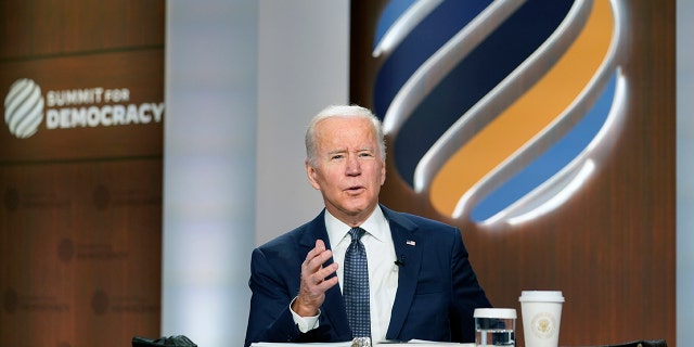 President Joe Biden speaks from the South Court Auditorium on the White House complex in Washington, Thursday, Dec. 9, 2021, for the opening of the Democracy Summit.