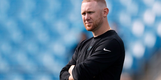 Joe Brady looks on during the Carolina Panthers' game against the Washington Football Team at Bank of America Stadium on Nov. 21, 2021, in Charlotte, North Carolina.