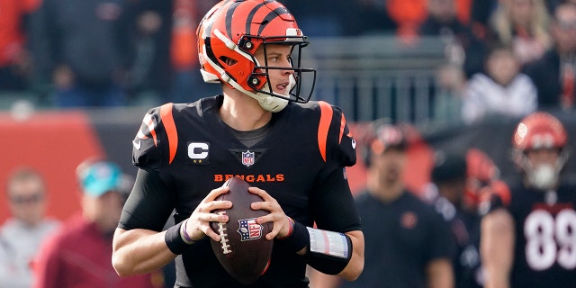 Cincinnati Bengals quarterback Joe Burrow looks to throw during the fist half of an NFL football game against the Baltimore Ravens, Sunday, Dec. 26, 2021, in Cincinnati.