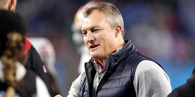 San Francisco 49ers General Manager John Lynch looks on during pregame before a game against the Tennessee Titans at Nissan Stadium on Dec. 23, 2021, in Nashville.