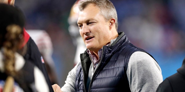 San Francisco 49ers General Manager John Lynch watches under pregame before the game against the Tennessee Titans at the Nissan Stadium on December 23, 2021 in Nashville, Tennessee.