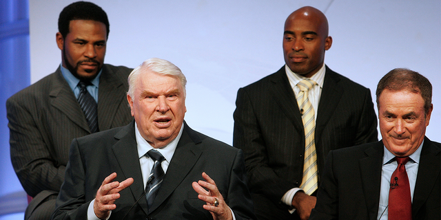 Jerome Bettis, John Madden, Tiki Barber and Al Michaels speak during the "Sunday Night Football" segment to television critics at the NBC Universal Summer press tour in Beverly Hills, California, July 21, 2008.