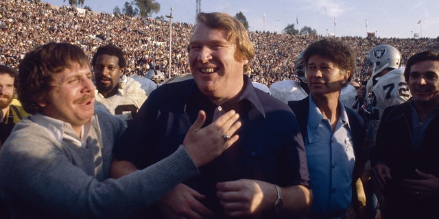 John Madden, head coach of the Oakland Raiders, celebrates after the Raiders beat the Minnesota Vikings in Super Bowl XI on Jan. 9, 1977, at the Rose Bowl in Pasadena, California. The Raiders won the Super Bowl 32-14.